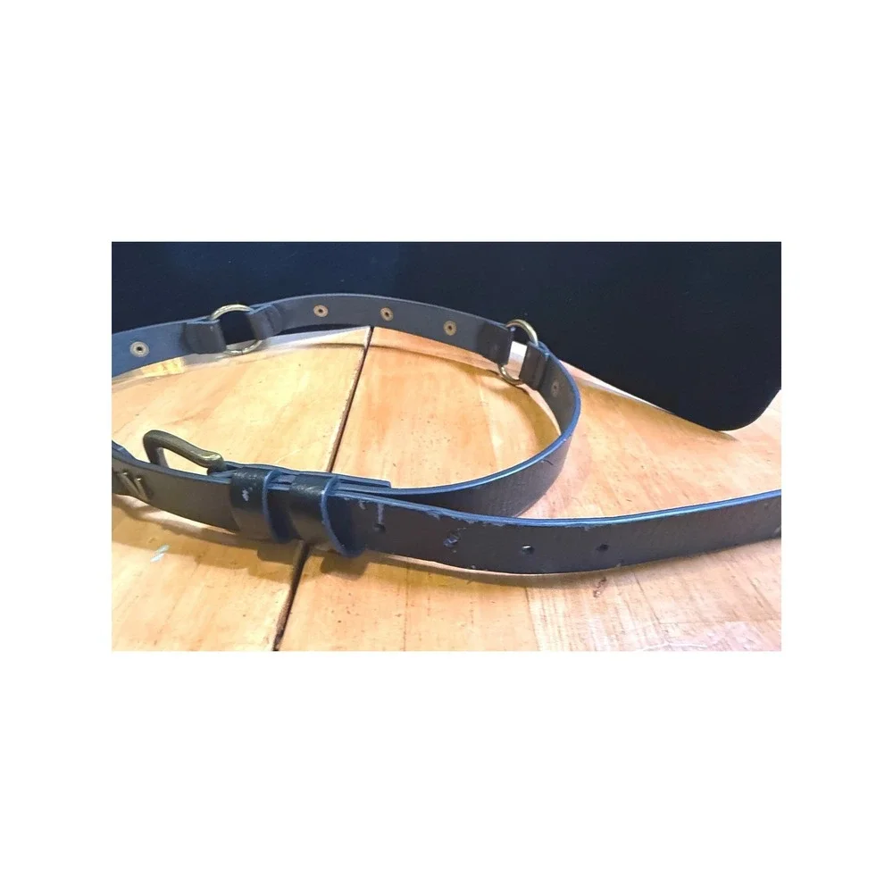 Vintage Black‎ Leather O-Ring Grommet Belt Antique Brass V Logo Grunge Moto